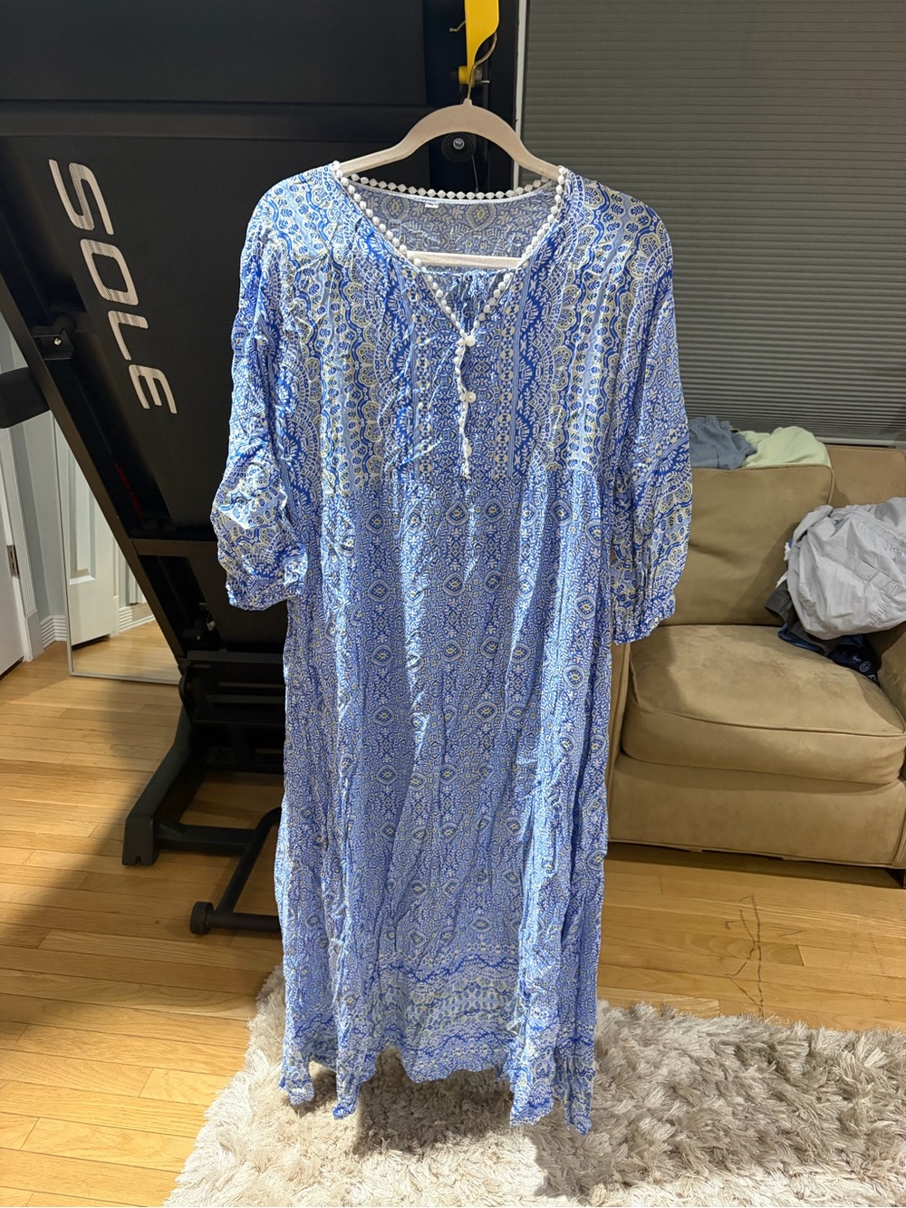 Lightweight Blue Printed Maxi Dress with Tie Neck